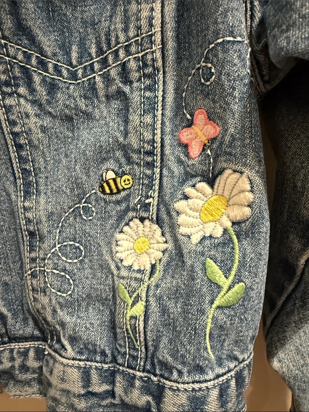 The Children's Place Med Blue Denim Jacket with Floral Embroidery Size 6X/7